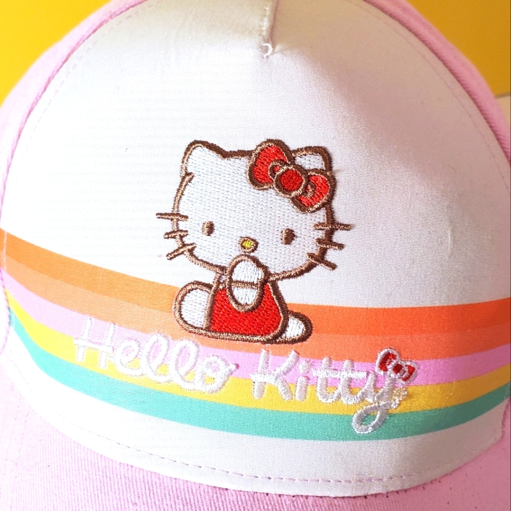 Hello Kitty Embroidered Baseball Hat, Size 4-6X, Pink, Cream & Rainbow Colors.